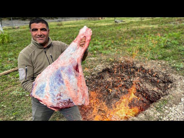 Roasting a Huge Beef Thigh Underground for my Wife! 5 HOURS OF COOKING