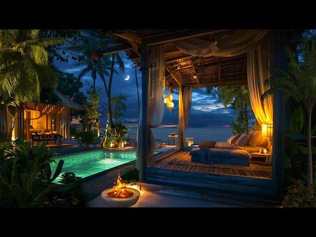 Coastal Serenity Resort ASMR | Seascape Sounds with Crackling Fire |  Calm Ocean Night Ambience