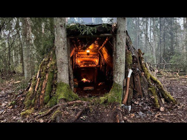 48 h Building Warm bushcraft Survival Shelter- with Fireplace Inside