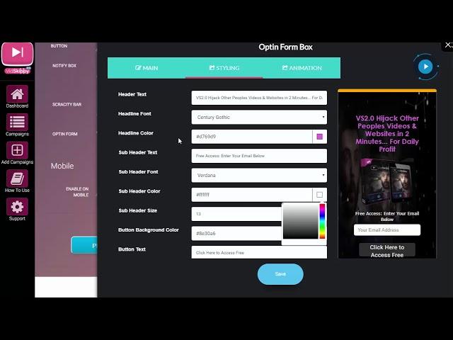 VidSkippy 2.0 In Video Opt-in form feature