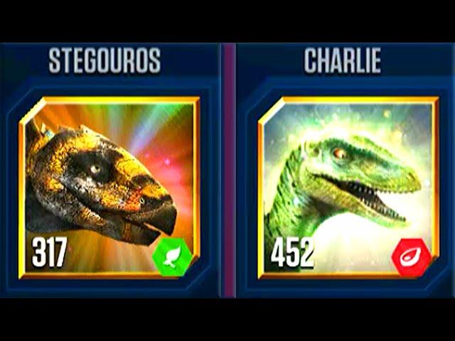 BATTLE STAGE CHARLIE VS STEGOUROS VS BAGEHESAURUS | JURASSIC WORLD THE GAME