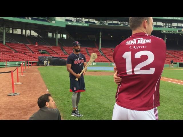 Red Sox Chris Young, Deven Marrero get a lesson in Hurling from Gary Maguire, GAA hurlers