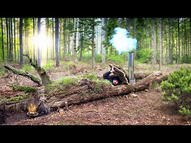 Building of a shelter inside a fallen tree with autonomous heating