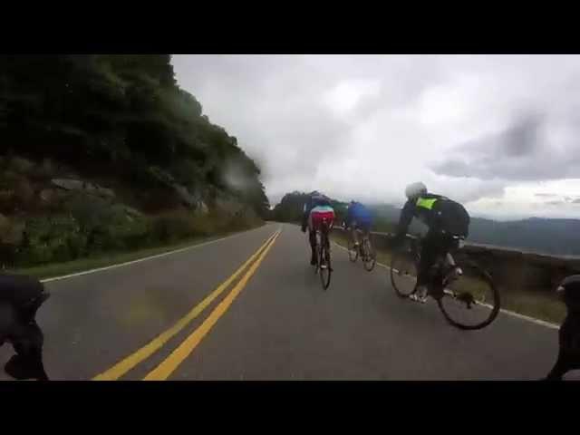 Skyline drive descent, bicycle maneuver around bus