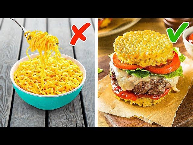 ¡Delicioso! Hamburguesa de fideos instantáneos  Trucos épicos para cocinar sin complicaciones