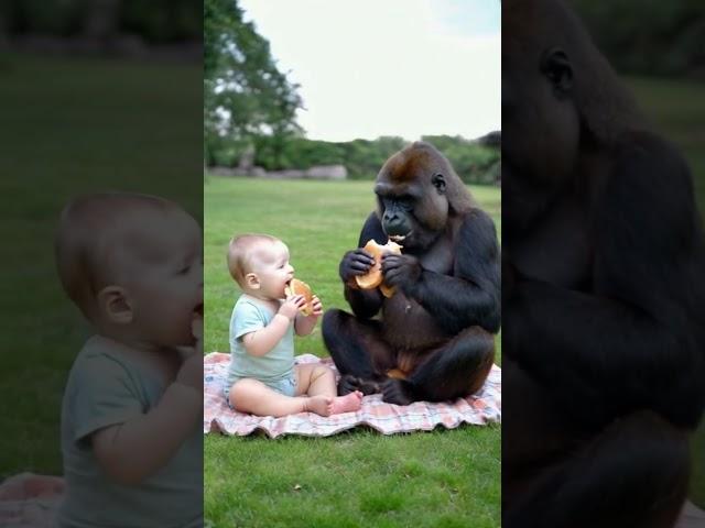 Gorilla and baby have a picnic together.#gorilla #baby#shorts#cute#funny#love#animals