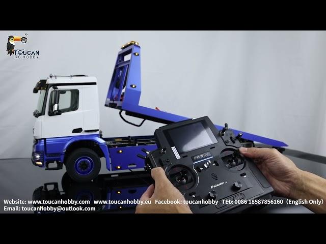 Operation details of 1/14 JDM-196 4*4 RC hydraulic flatbed wreck tow truck.