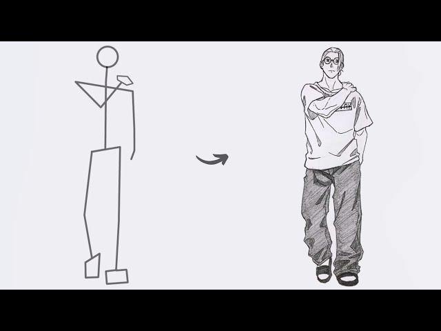 How to draw Taro Sakamoto full body out of stickman | Easy step-by-step