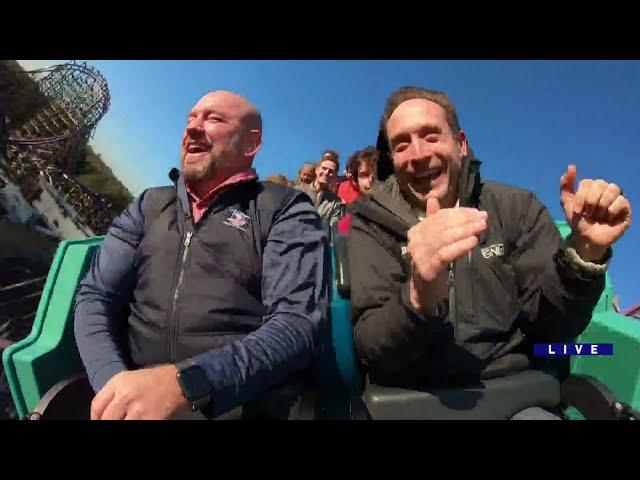 Marcus Leshock and Paul Konrad ride roller coaster at Busch Gardens LIVE!