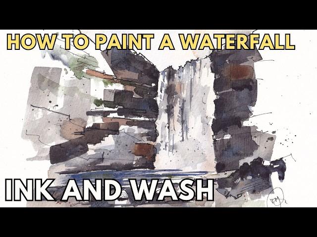 Painting a Misty Waterfall - Simple Line and Wash Watercolor Tutorial