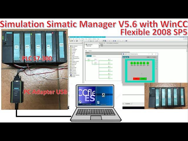 Simulation Simatic Manager V5.6 with WinCC Flexible 2008 SP5 connected to PLC S7-300 CPU 315-2DP