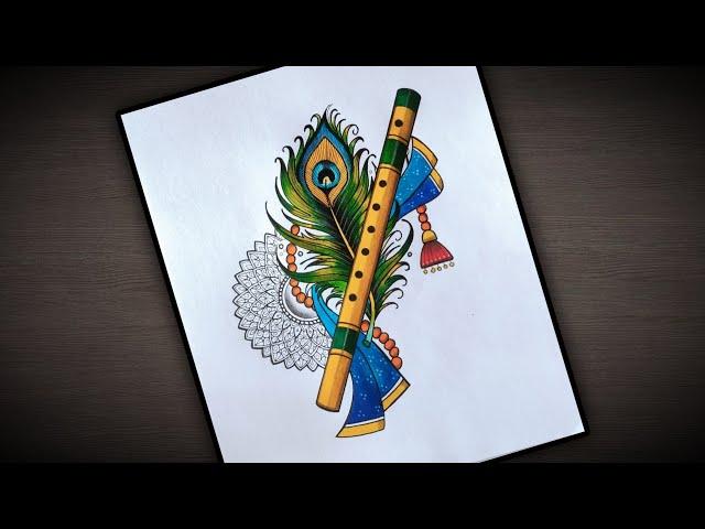 Krishna Janmashtami Drawing / Peacock Feather Flute drawing with Mandala art  @VennilaYLCreations