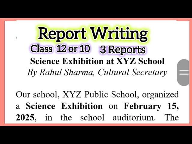 Report Writing in English for Class 12  Science Exhibition, Tree Plantation, Road safety awareness
