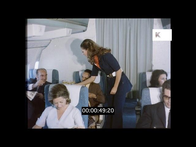 1970s Flight, Cabin Crew Serve Champagne to Plane Passengers, HD