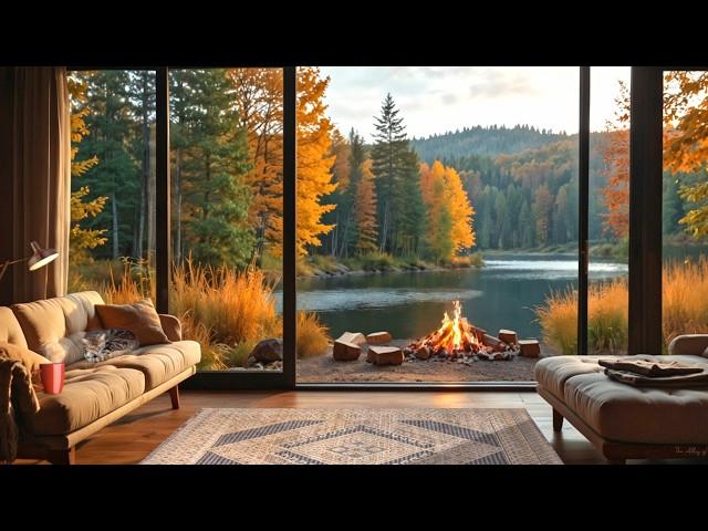 Autumn Porch Ambience with Cozy Campfire by the Lake and Relaxing Nature Sounds in Fall Forest