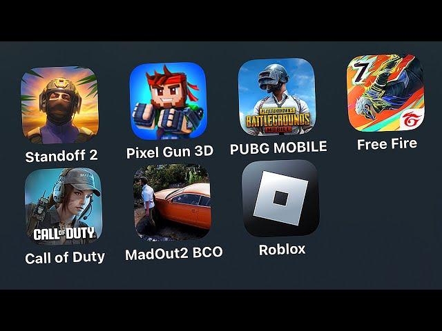 Standoff 2,Pixel Gun 3D,PUBG Mobile,Garena Free Fire,Call of Duty Mobile,Madout 2,Roblox - Fortblox