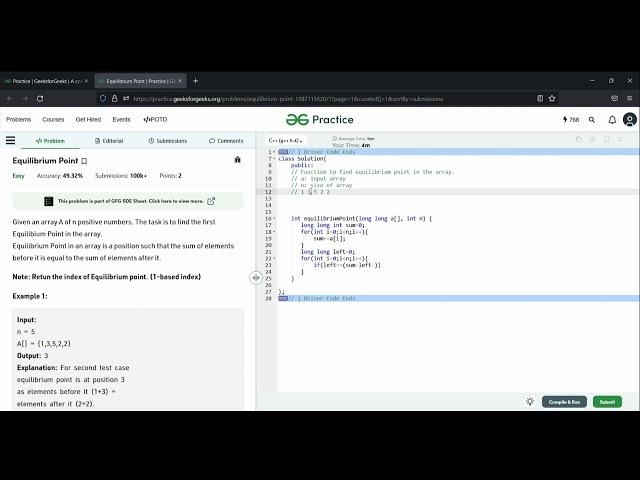 Equilibrium Point GFG || Equilibrium Point || Arrays || prefix-sum || Adobe || Amazon