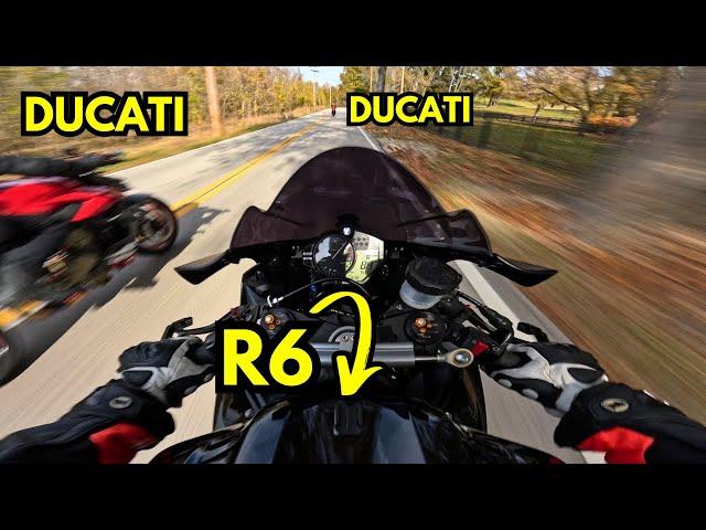 YAMAHA R6 CHASES DOWN 1000CC DUCATIS ON TWISTY ROAD