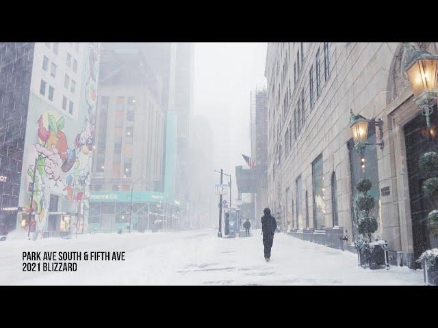 East Coast Blizzard 2021. Snowy Park Ave South, Fifth Ave, New York City.  ASMR