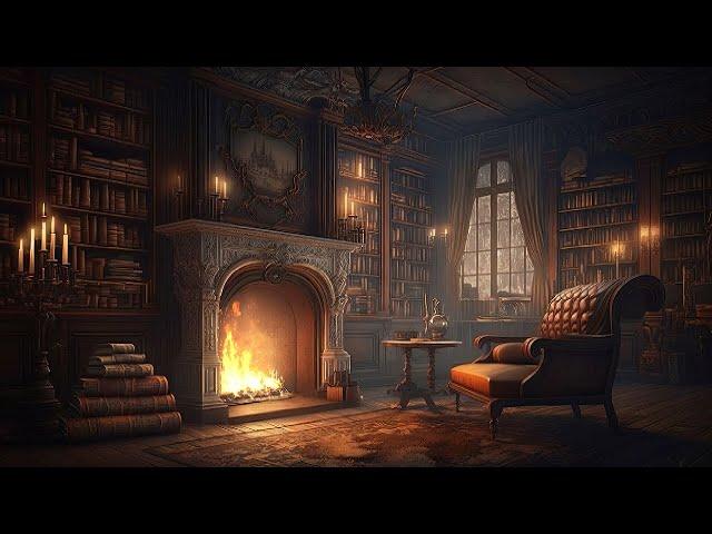 Ancient Library Ambience | Relaxing Thunder & Rain Sounds, Crackling Fireplace for Sleeping & Study