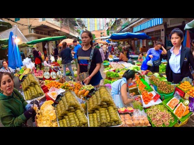 Cambodian Food Market - Walking Tour 4K - Orussey Fresh Market Food in Phnom Penh City