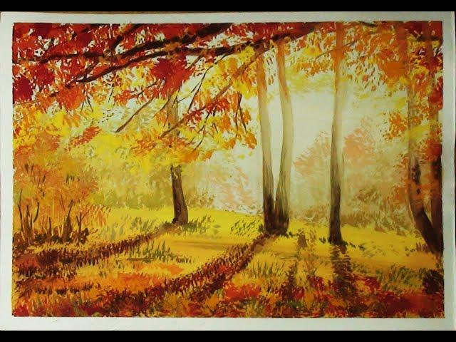 "AUTUMN". How to draw a BEAUTIFUL LANDSCAPE with gouache. Step by step drawing for beginners.