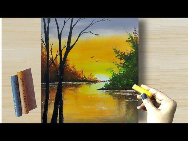 #21 - Oil Pastel Drawing - Creative way Blending technique Realistic Sunset (step by step) painting.