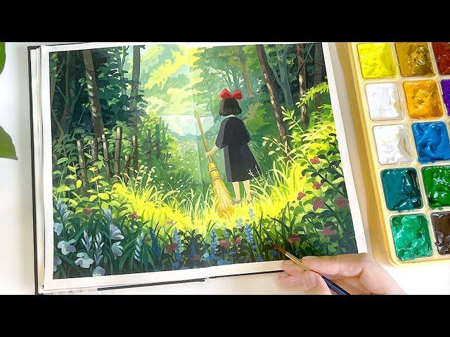 Studio Ghibli Painting / Cozy Art Video/ Kiki's Delivery Service/ Gouache Painting/ Paint with Me 