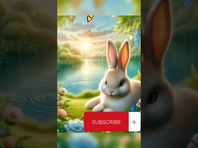 Cute rabbit lounging in a lush green garden surrounded by blooming flowers of pastel hues and lake