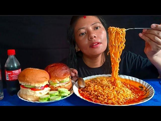 Homemade burgar // 2X spicy ramen noodles // mukbang video