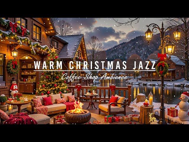 Snow Falling with Warm Christmas Jazz Music 2025 to Relax,Good Mood at Cozy Christmas Porch Ambience