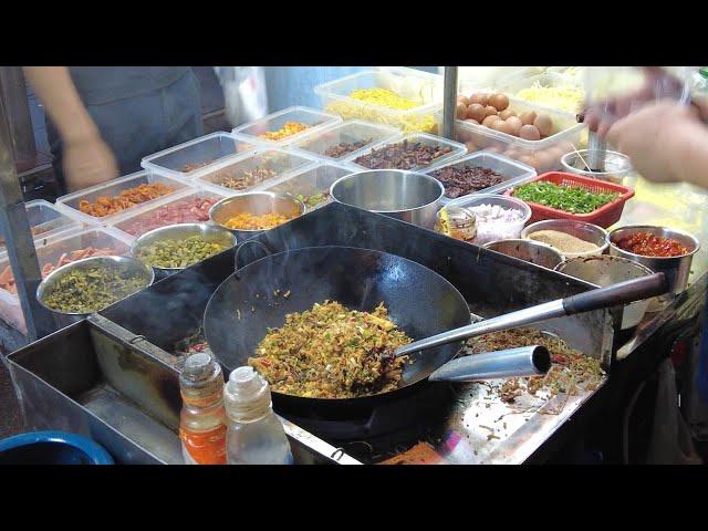 Chinese night market food, chef street cooking egg fried rice