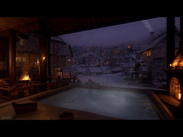 Fantasy Medieval Hot spring Ambience | Blizzard, Crackling Fire, Water, Owl, Calming Nature Sounds