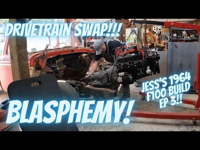 1964 F100 gets an engine swap!! BLASPHEMY!!!  Jess's 64 F100 build continues episode 3!!