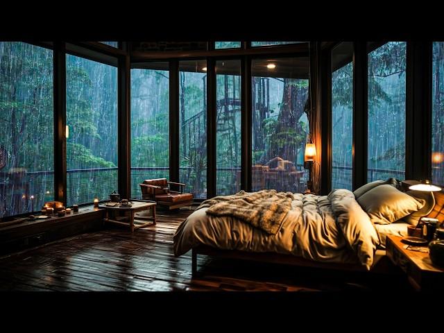 Cure Insomnia with a Rain Intense Thunderstorm, Howling Wind and Thunder on Window in Rainforest