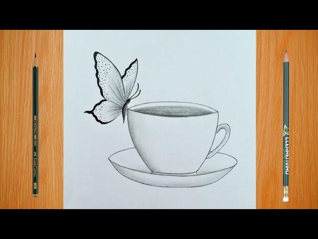 How to Draw a Cup with Butterfly | pencil Sketch Drawing for Beginners | step by step Drawing