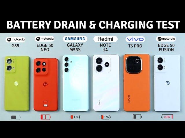 Redmi Note 14 vs Moto G85, Edge 50 Fusion, 50 Neo, Galaxy M55s, T3 Pro Battery Drain & Charging Test