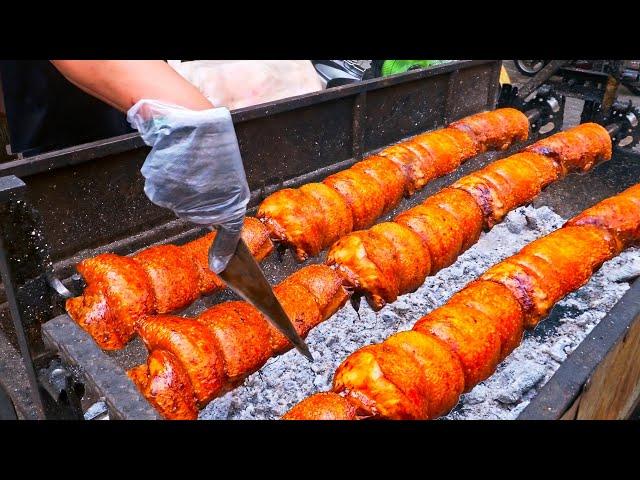 Yummy Tornado！Crazy Grilled Crispy Pork Belly, Spiced Pork Roll/ 瘋狂的烤脆皮豬, 香料豬肉捲製作-街頭美食