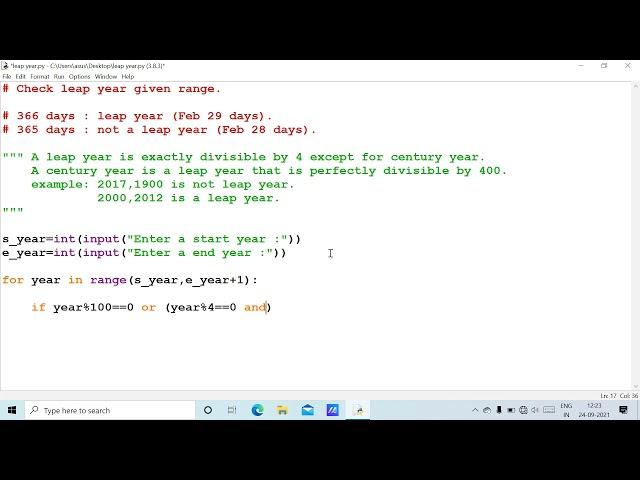 Leap year given range - Python programs