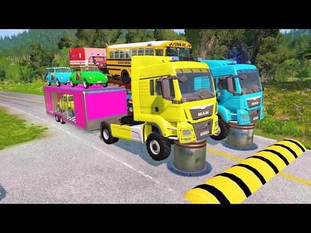 Double Flatbed Trailer Truck vs speed bumps|Busses vs speed bumps|Beamng Drive|958