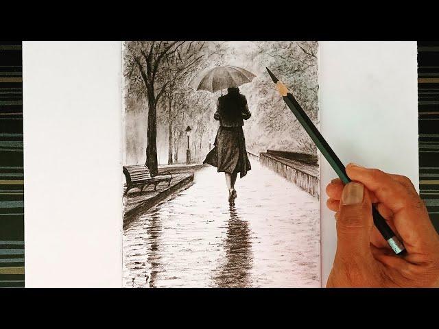 Pencil drawing of a girl with an umbrella after the rain.