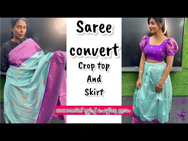 Crop top and skirt cutting stitching  സാരി കൊണ്ട്  തയ്ക്കാം  Onam special