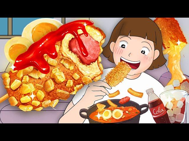 Rosé Tteokbokki & Korean cheese filled Corn dog | Honbab mukbang animation