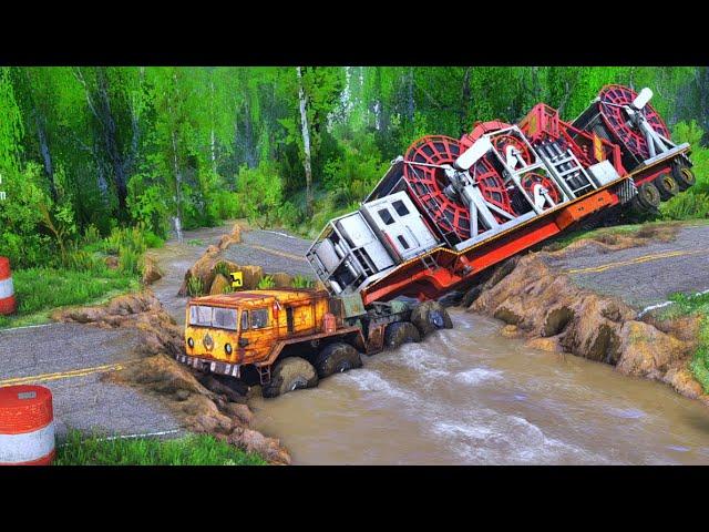 Rusty Truck Skills Transporting Huge Cable Rolls on Extreme Roads