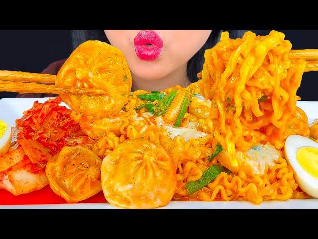 ASMR CHEESY SPICY NOODLES, DUMPLINGS, BOILED EGG & KIMCHI | MUKBANG | EATING SOUNDS | ASMR PHAN