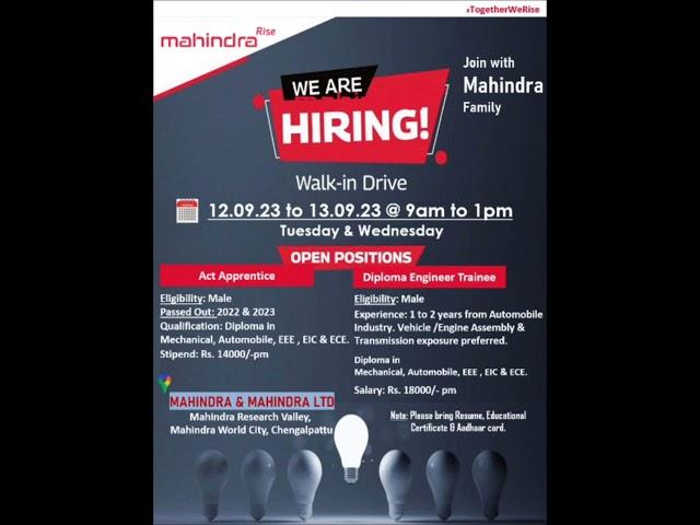 Mahindra Jobs Openings 2023 #chennaijobseekers #job #chennaijobs #jobvacancyinchennai  #hiring