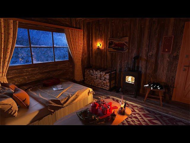 Deep Sleep in a Cozy Winter Hut with Cat | Blizzard & Fireplace Sounds