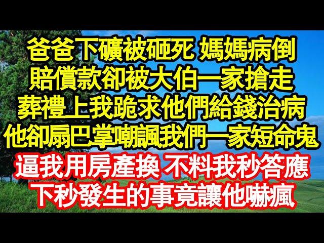 爸爸下礦被砸死 媽媽病倒，賠償款卻被大伯一家搶走，葬禮上我跪求他們給錢治病，他卻扇巴掌嘲諷我們一家短命鬼，逼我用房產換 不料我秒答應，下秒發生的事竟讓他嚇瘋真情故事會||老年故事||情感需求||愛情