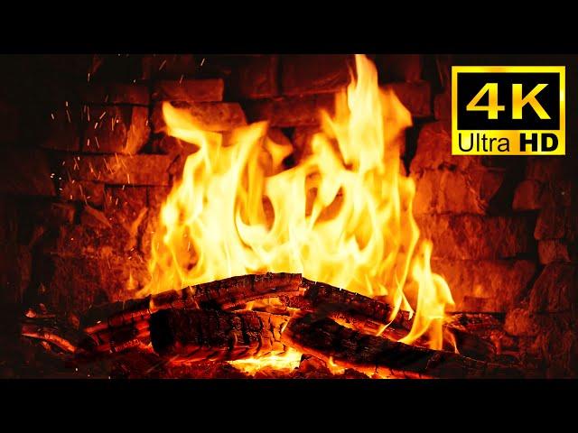  4k FIREPLACE (3 HOURS). The fireplace crackles with red-gold flames and the sound of burning wood