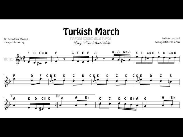 Turkish March Easy Sheet Music for Violin Flute Recorder Oboe Treble Clef